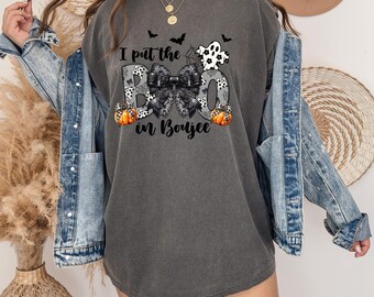 Comfort Colors® Boo in Boujee Shirt Cow Print Halloween Tee Black Lace Bow Ghost Shirt Trendy Spooky Season Fall Aesthetic Graphic Top