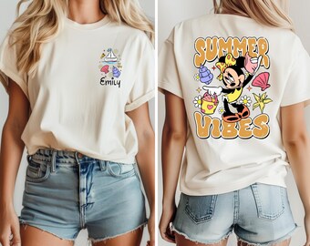 Custom Summer Vibes Tee with Name, Disney Beach Minnie Shirt, Vacation Outfit, Personalized Pink Summer Shirt, Gift For Her