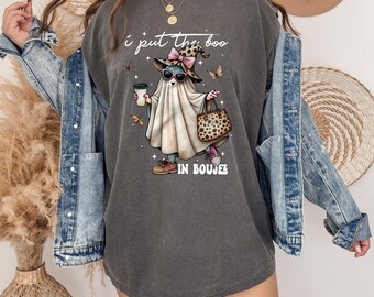Comfort Colors® Boo in Boujee Shirt Cute Ghost Coffee Tee Trendy Halloween Outfit Fall Aesthetic Shirt Spooky Season Girly Graphic Top