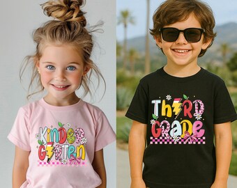 Colorful Back to School Shirt Bundle for Girls, Pre-K to 5th Grade Student Tee, Cute Lightning Flower First Day Outfit, Class Shirt Set