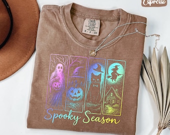 Comfort Colors® Spooky Season Shirt Rainbow Halloween Tee Ghost Cat Witch Pumpkin Graphic Fall Shirt Colorful October Aesthetic Top