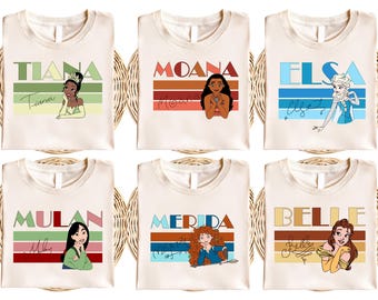 Disney Princess Shirt for Girls, Retro Princess Tee with Name, Moana Elsa Belle Tiana Mulan Merida Shirt, Cute Cartoon Girl Gift Tee