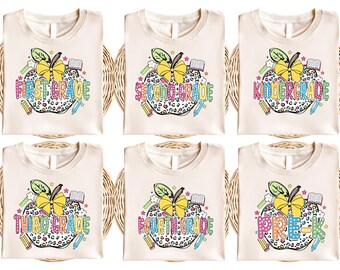 Leopard Print Apple Back to School Shirt, Pre-K to 5th Grade Colorful Tee, First Day Outfit for Girls, Cute Student Grade Shirt