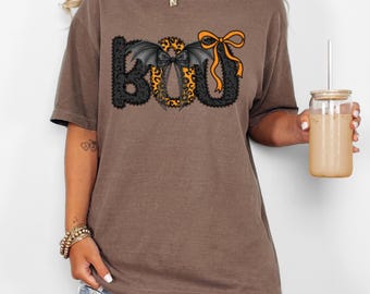 Comfort Colors® Boo Shirt Halloween Bat Bow Shirt Spooky Season Tee Cute Ghost Graphic Shirt Fall October Aesthetic Trendy Shirt
