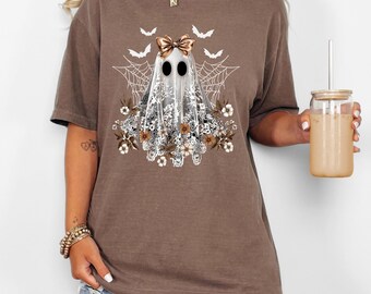 Comfort Colors® Floral Ghost Shirt Halloween Spider Web Tee Cute Lace Ghost Top Spooky Fall Aesthetic Shirt Girly Scary Season Tee