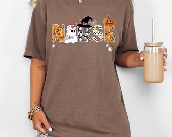 Comfort Colors® Halloween Nurse Shirt Ghost Pumpkin Witch Hat Tee Spooky Season Nurse Life Shirt Cute Fall Medical Graphic Aesthetic Top