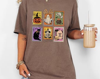 Comfort Colors® Halloween Stamp Shirt Spooky Postage Tee Vintage Ghost Cat Pumpkin Shirt Fall Graphic Tee Trick or Treat Aesthetic Top
