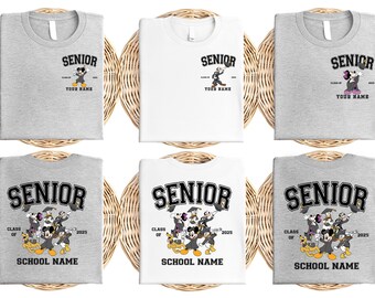 Senior 2025 Custom Tee, Personalized Graduation Shirt with Disney Characters, School Name & Name Gift for Her or Him, Gradution Tee