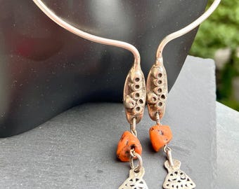 Rare North African Vintage Choker, old Silver & Raw Coral Amulet with Hamsa charms