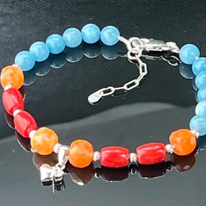 Handmade Red Coral Sunstone Apatite Gemstones 925 silver Bracelet, Natural Luck Gemstones, Positive Meditation Energy of the Chakras