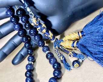 Tasbih in arenaria blu, 33 pezzi, regalo islamico per l'Eid, argento 925, personalizzato con il segno zodiacale.