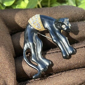 Vintage Black Panther Brooch | Rhinestone Accents | Sleek Animal Pin