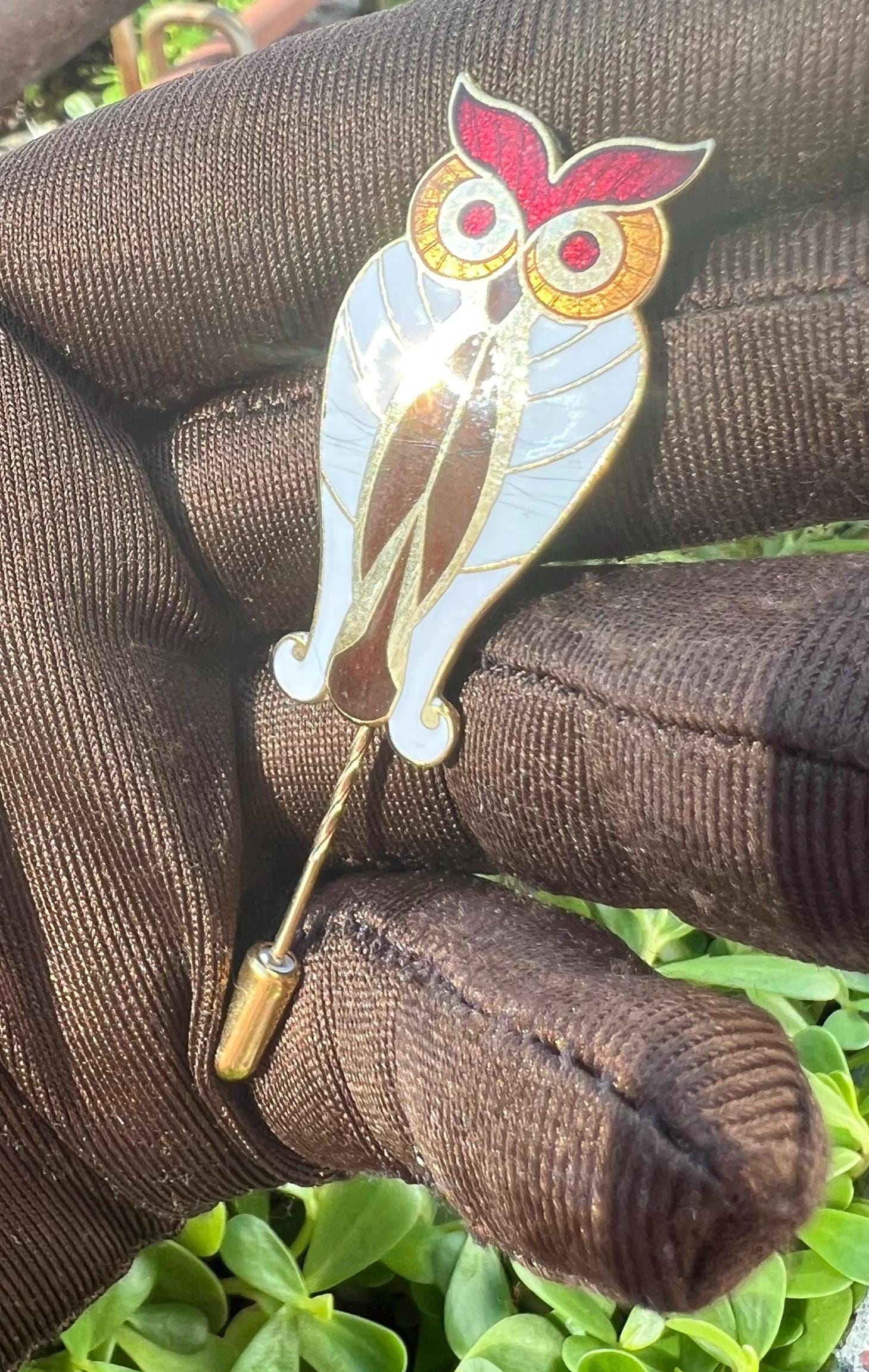Vintage Cloisonné Owl Pin – Gold Tone Enamel Stick Brooch, 1980s Animal Jewelry