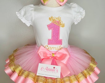 1st birthday outfit, Personalized Princess First Birthday Tutu Outfit, Tutu Pink and Gold, Embroidered Birthday Shirt Any Age,