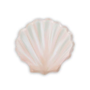 May include: A seashell-shaped plate with a scalloped edge. The plate features a soft, pastel color palette of pink, white, and a hint of green. The design mimics the natural patterns of a seashell, perfect for a beach-themed event.