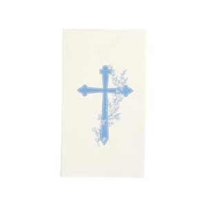 May include: A cream-colored paper napkin featuring a light blue cross design with floral accents. The cross is centered on the napkin, with delicate floral elements adorning its sides, creating an elegant and religious aesthetic.