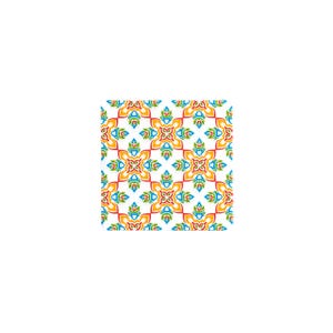 May include: A square pattern featuring a repeating floral design. The design incorporates symmetrical elements in shades of red, yellow, blue, and green against a white background. The pattern is intricate and detailed.