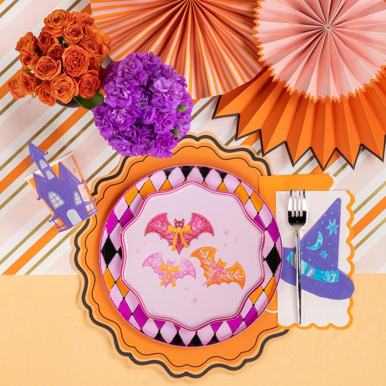 Manteles individuales elegantes para Halloween / Decoración de mesa para Halloween / Adornos elegantes para fiestas de Halloween / Decoración de mesa en negro y naranja / Manteles individuales de papel (paquete de 12) imagen 3