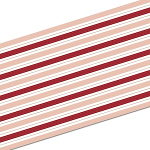 May include: Diagonal pattern featuring alternating stripes of red, white, blush pink, and gold. The design is a repeating pattern of parallel lines, creating a visually dynamic and textured effect. The stripes are of varying widths.
