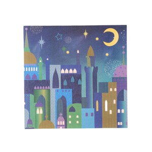 May include: Square card featuring a colorful illustration of a cityscape at night. The design includes buildings in shades of blue, green, and gold, with a crescent moon and stars in the sky. Fireworks are also depicted.