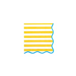 May include: Yellow and white striped paper napkins with a blue scalloped edge.