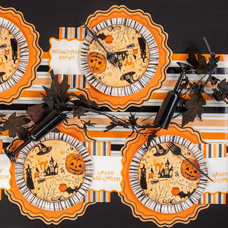 Manteles individuales elegantes para Halloween / Decoración de mesa para Halloween / Adornos elegantes para fiestas de Halloween / Decoración de mesa en negro y naranja / Manteles individuales de papel (paquete de 12) imagen 2