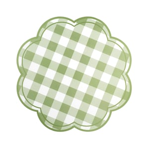May include: A green and white gingham patterned flower-shaped tag with a scalloped edge.