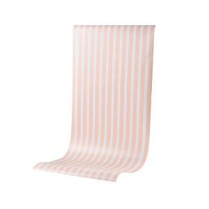 May include: A roll of wallpaper with vertical stripes in alternating peach and white. The wallpaper is partially unrolled, showing the pattern and texture of the material. The stripes are evenly spaced.