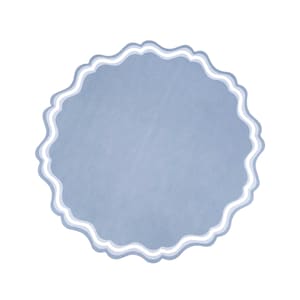 May include: A light blue, scalloped-edge circle design on a white background. The circle has a textured appearance and is outlined with a white and light blue border. The design is simple and elegant.
