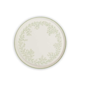 May include: Round, off-white plate with a delicate green floral design around the edge. The plate has a green border. The floral pattern is a repeating design of small flowers and leaves.