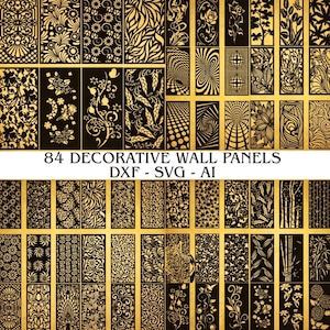 Peut inclure: Une collection de 84 panneaux muraux décoratifs présentant des motifs noirs complexes découpés au laser sur un fond doré. Le jeu de fichiers numériques comprend les formats DXF, SVG et AI. Les designs affichent divers motifs floraux, géométriques et abstraits.