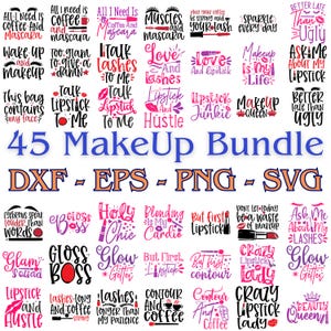 Könnte beinhalten: Eine digitale Sammlung von 45 Make-up-Grafikdesigns mit schwarzer, rosa und roter Typografie sowie Symbolen von Wimpern, Lippenstiften und Make-up-Pinseln. Der Text enthält Phrasen wie All I Need Is Coffee And Mascara, Makeup Is My Life und Beauty Queen, die in verschiedenen dekorativen Schriftarten dargestellt sind.
