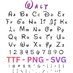 May include: A digital font display featuring the word WALT in purple, followed by the complete uppercase and lowercase alphabet, numbers 0-9, and various punctuation marks in a black stylized script. The text TTF - PNG - SVG appears below.