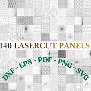 Puede incluir: Una colección de 140 paneles cortados con láser que presentan diversos patrones geométricos, florales y abstractos en blanco y negro. El texto 140 LASERCUT PANELS aparece en dorado, con DXF - EPS - PDF - PNG - SVG en verde debajo.
