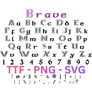 May include: A digital alphabet set featuring the word Brave at the top, followed by uppercase and lowercase letters A-Z, numbers 0-9, and various punctuation marks. Each character displays a black and white intricate Celtic knotwork pattern.