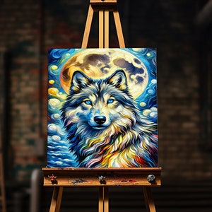 Puede incluir: Una pintura colorida de un lobo con ojos azules, sobre un fondo de luna azul y amarilla y nubes arremolinadas.