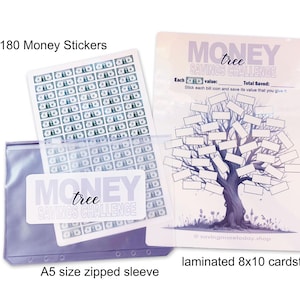 May include: A money-saving kit featuring a clear A5-sized zipped sleeve, 180 money stickers, and an 8x10 inch laminated cardstock with a money tree design. The cardstock includes the text "MONEY tree SAVINGS CHALLENGE".