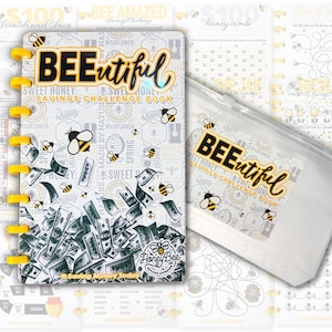 May include: A spiral-bound savings challenge book and a clear pouch with the text "BEEutiful Savings Challenge Book". The book features a bee and money-themed design with the words "Sweet Honey" and "Saving Money Today".