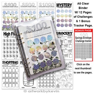 A5 size Binder with 12 Pages of Savings Challenges & 1 Bonus Tracker Page FREE Shipping!!! Laminated or Card stock options. Free Tracker.