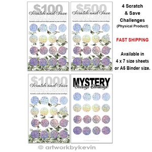 4 Scratch & Save challenge sheets | Available in A5 size and 5x7 size card stock pages | Saving Challenges | Mystery savings challenge