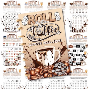 May include: A spiral-bound coffee savings challenge notebook with the text "Roll the Dice Coffee Savings Challenge." The cover features a coffee cup, coffee beans, and dice illustrations. The notebook includes various savings challenges with dice and coffee cup graphics.