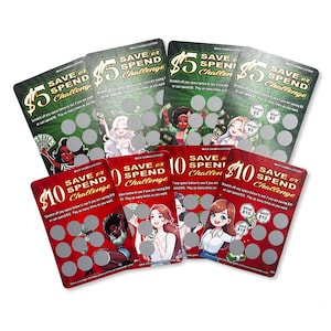 8 - Scratch-Off Savings Challenge Cards | 5 and 10 dollar Save or Spend savings challenge | Each card has different value challenges!