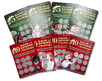 8 - Cartes défi d'épargne à gratter | Défi Économisez ou dépensez à 5 et 10 dollars | Chaque carte a des défis de valeur différente !