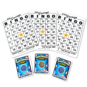 May include: A collection of Bingo cards with various savings amounts, including $400, $500, and $1000. The cards feature a classic Bingo layout with numbers and the word "Bingo" at the top. Also included are smaller cards labeled "Bingo Blowout!"