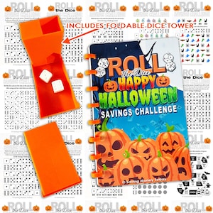 May include: An orange dice tower with two white dice, and a spiral-bound savings challenge book. The book cover features a Halloween theme with jack-o'-lanterns and the text "Roll the Dice Happy Halloween Savings Challenge."