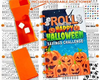 Roll the Dice Tower und 10 Seite A5 Sammelmappe. Faltbarer Würfelturm und 2 kleine weiße Würfel. Laminierte Halloween Seiten.