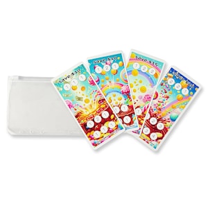 May include: A clear, zippered pouch next to four colorful cards with candy and rainbow designs. The cards read "Save $10", "Save $15", and "Save $20". Each card has circles with numbers 1, 2, 3, and 4.