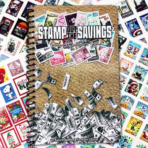 May include: A spiral-bound notebook with the text "STAMP OUT THE SAVINGS" and "Savings Challenge Games." The notebook is surrounded by colorful postage stamps and illustrations of money. The notebook's cover has a textured, tan background.