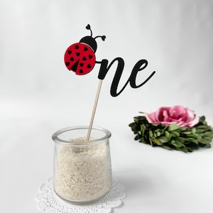 May include: Black and red ladybug cake topper with the word "one" in black script. The topper is on a wooden stick and is inserted into a clear glass jar filled with white rice.
