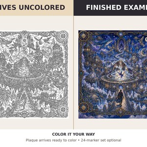 Puede incluir: Una placa cuadrada con una ilustraci&oacute;n fant&aacute;stica detallada de un mago en un puente hacia una ciudad m&aacute;gica. El lado izquierdo muestra el dibujo lineal en blanco y negro etiquetado ARRIVES UNCOLORED, y el derecho el FINISHED EXAMPLE.